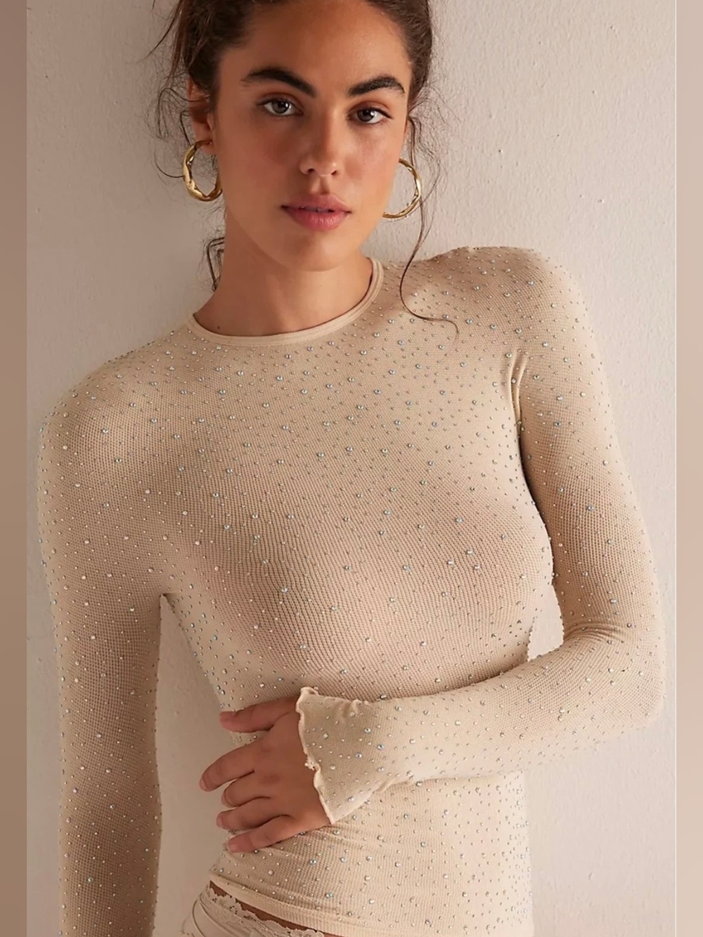 FREE PEOPLE Night Sky Long Sleeve In Nude With Embellishments XS/S